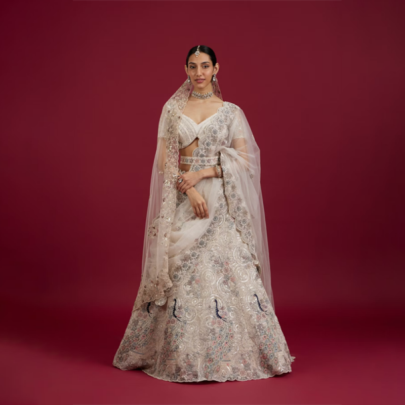 Beige Cream Sitara Embroidered Bridal Lehenga with Stone Work