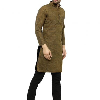 Mens' Solid Cotton Long Kurta_Mehandi